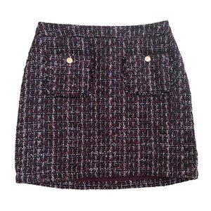 Ann Taylor LOFT‎ Tweed Skirt Burgundy & Metallic Plaid Pockets Wool Blend Lined